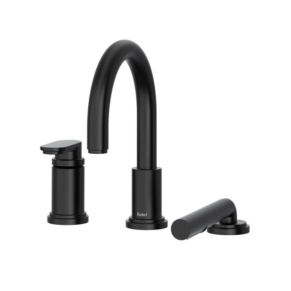 Modern black kitchen faucet with a sleek design and matching accessories.