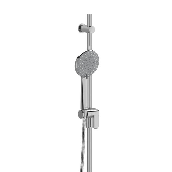 Shower head with adjustable handheld unit and wall mount.
