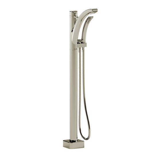 Modern freestanding bathtub faucet with a handheld shower attachment.