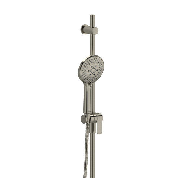 Modern showerhead system with adjustable height and detachable hose.