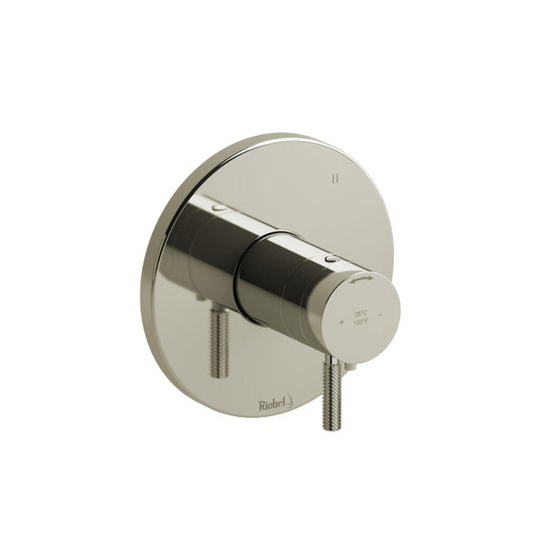 A modern chrome shower control valve with minimalist design.