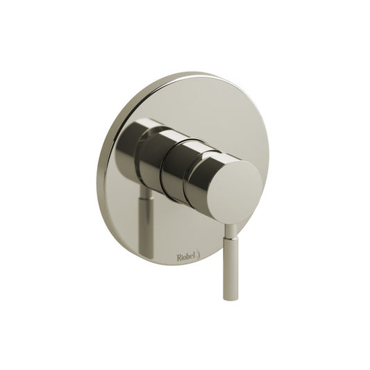 Modern chrome faucet control with a circular plate and three knobs