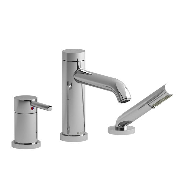 Three modern chrome bathroom faucets, including a main spout and two handles.