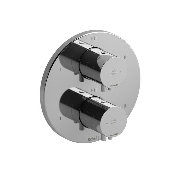 A modern chrome shower control panel featuring two knobs on a round plate.