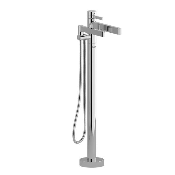 Modern floor-standing bathroom faucet with detachable showerhead.