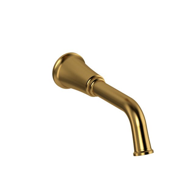 A gold faucet spout with a curved design.