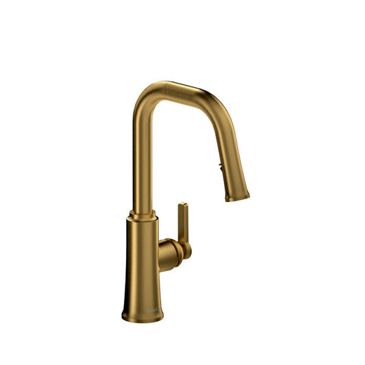 Modern gold kitchen faucet with a sleek design