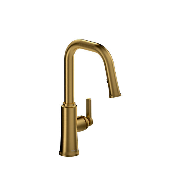 Modern gold kitchen faucet with a sleek design