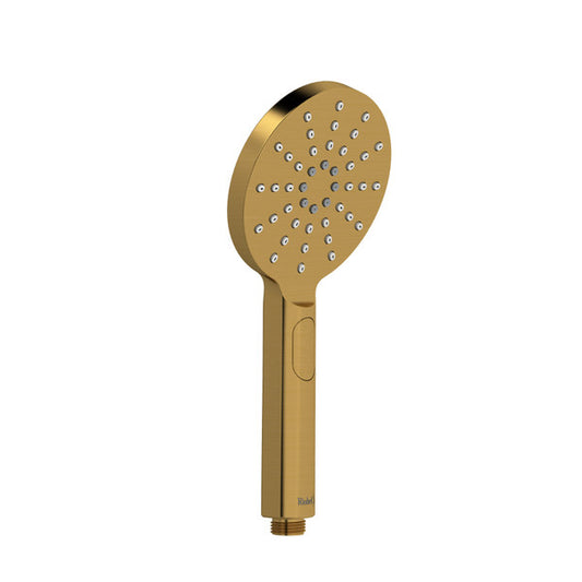 A gold showerhead with a modern design and multiple water flow holes.