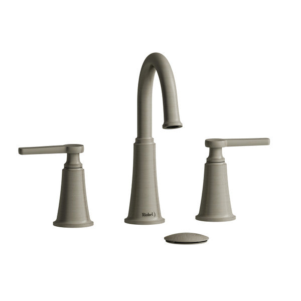 Modern bathroom faucet set with tall spout and two lever handles.