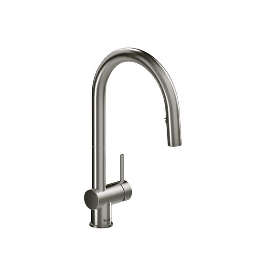 Stainless steel kitchen faucet with a high arc design