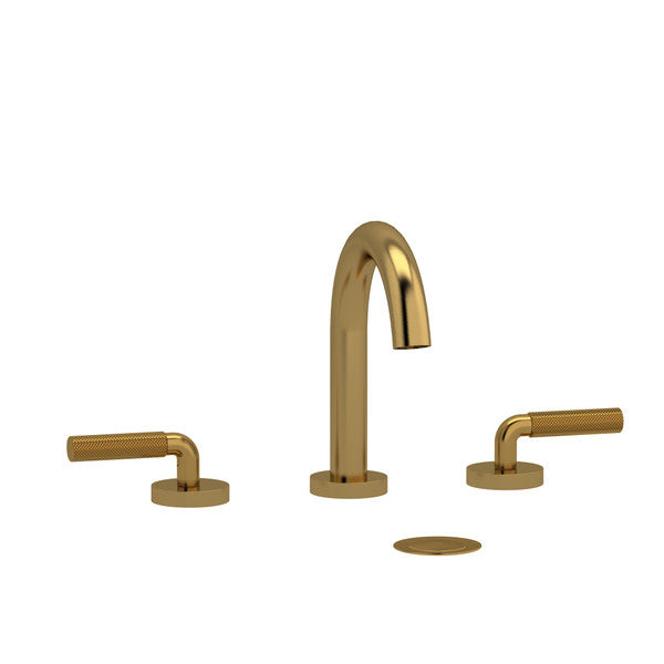 A modern gold faucet set with two handles and a matching drain cover.
