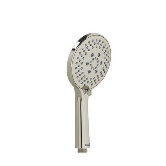 A modern handheld showerhead with a round face and multiple spray nozzles.
