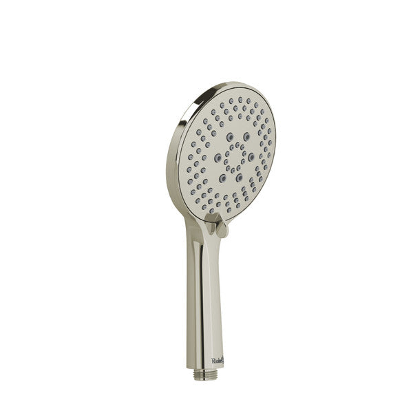 A modern handheld showerhead with a round face and multiple spray nozzles.
