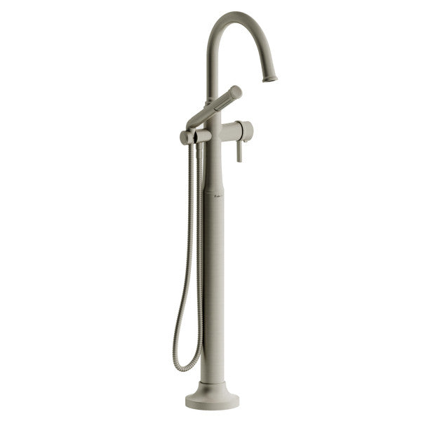 Modern floor-mounted bathtub faucet with a handheld sprayer in a neutral finish.