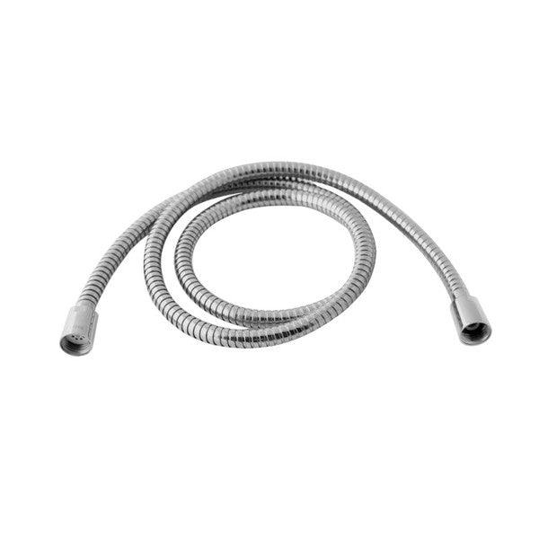 Flexible metal shower hose coiled on a white background