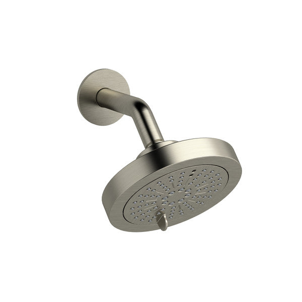 Modern round showerhead mounted on a wall.