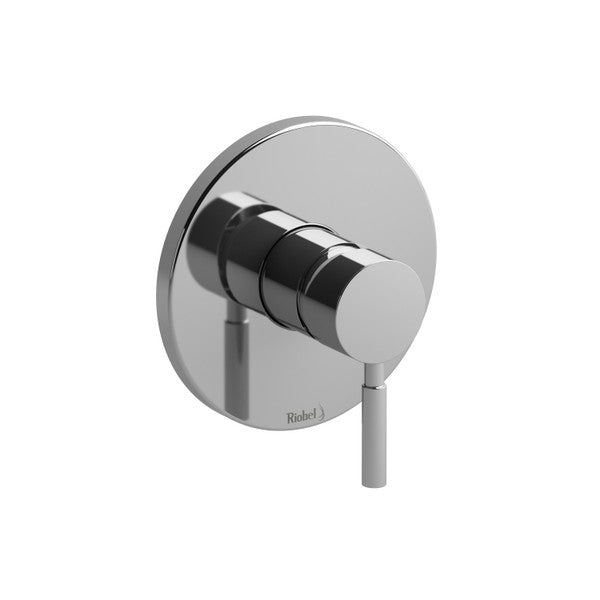 Modern chrome shower faucet control with a round plate.