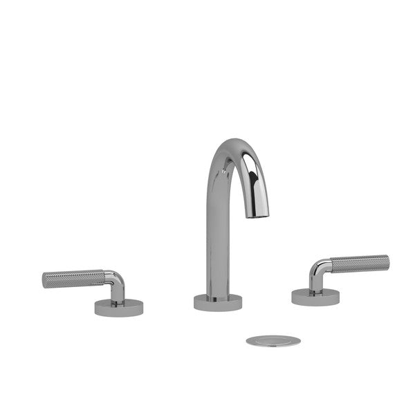 Modern chrome faucet with two levers and a circular drain cover.