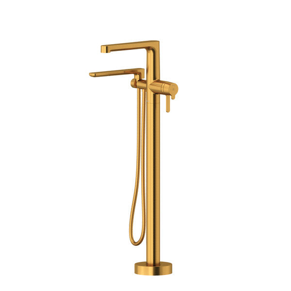 Modern gold freestanding faucet with a hand shower attachment