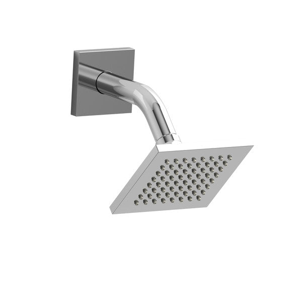 Square chrome showerhead mounted on a wall.