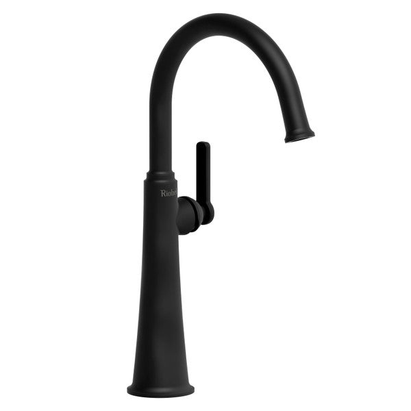 Stylish black kitchen faucet with a tall curved spout and a side lever handle