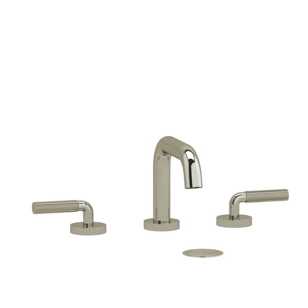 Modern bathroom faucet with two handles and a circular drain cover.