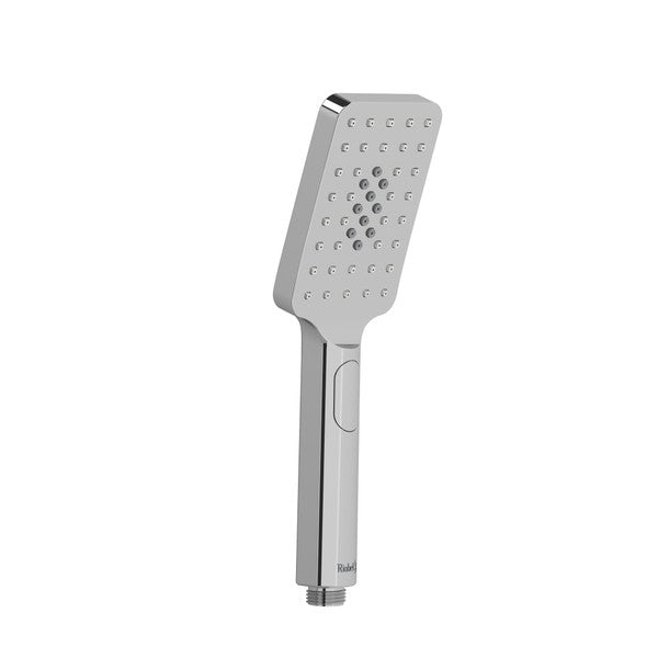 A modern, sleek showerhead with a rectangular design and a textured surface.