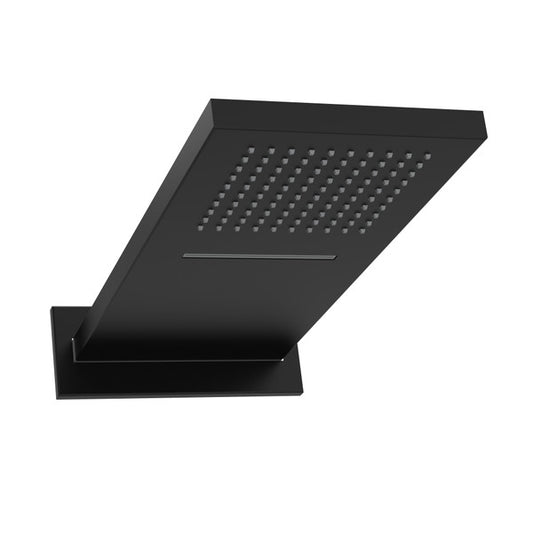 Top view of a modern black ceiling-mounted showerhead.