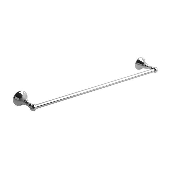 A sleek chrome towel bar mounted on the wall.