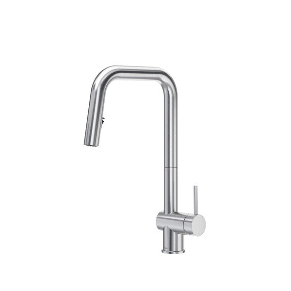 Stainless steel kitchen faucet with a single lever.