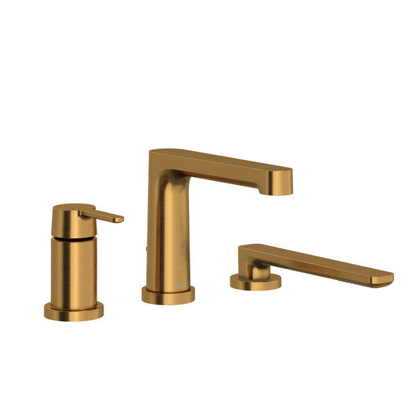 Set of modern gold faucets, including a handle, spout, and soap dispenser.