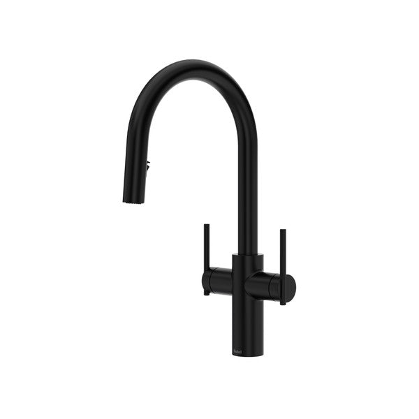 Black kitchen faucet with a curved spout and dual handles
