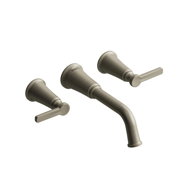 Wall-mounted faucet set with two handles and a curved spout